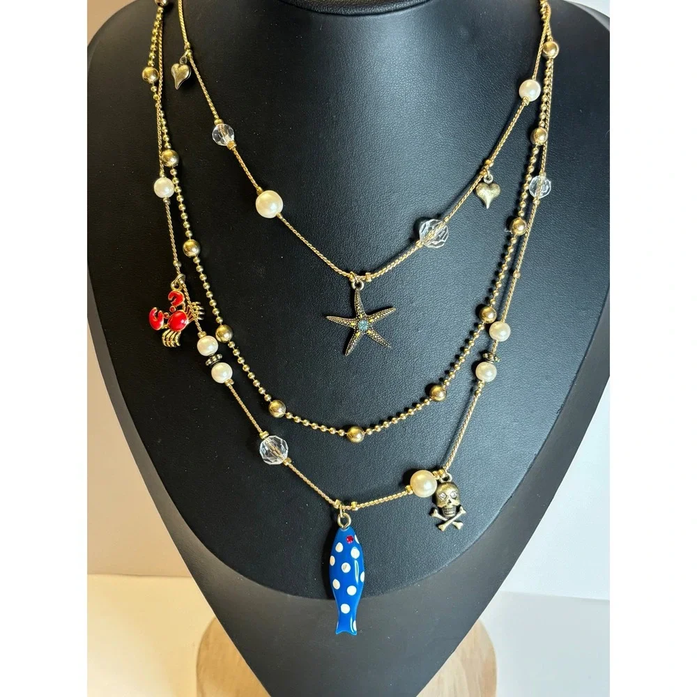 Betsey Johnson Nautical Necklace Vintage Multi Strand Crab Starfish Skull 19